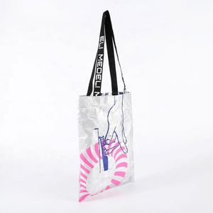 Wholesale Waterproof Splash Proof Dupont Paper Custom Print Shoulder Zipper Shopping Shiny <b>Silver</b> Tyvek <b>Tote</b> <b>Bag</b> With Pocket - Product Image 3