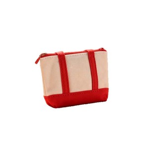 Mini Canvas Cosmetic Bag Beige Red Zipper Small Practical Travel Toiletry Case - Product Image 1