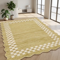Tapis tufté lavable 5x7 avec bordure à carreaux, antidérapant, résistant aux taches, design bohème moderne pour salon et salle à manger