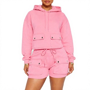 Custom Logo for Two Piece Hoodie <b>Set</b> Cut <b>Sew</b> Cotton Sun Faded Sweatsuit Cropped Short Summer Lightweight Breathable Women - Product Image 1