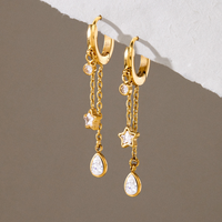 Boucles d'oreilles tendance en acier inoxydable plaqué or PVD 18 carats, motif étoile à cinq branches et goutte d'eau, avec chaîne et pampille, de haute qualité, pour le commerce transfrontalier