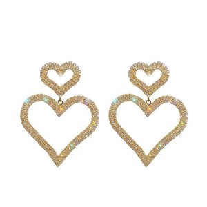 Pendientes colgantes de doble corazón con diamantes de imitación, chapados en oro, joyería de lujo para el día de San Valentín para mujer - Product Image 6