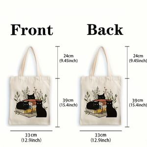 Sac fourre-tout en toile imprimé avec illustration florale de chat noir, réutilisable, grande capacité, sac de courses, cadeau pour femme, livre - Product Image 5