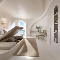 Lit de jour tatami sur mesure de style cycladique grec avec armoire incurvée intégrée pour villa de villégiature méditerranéenne