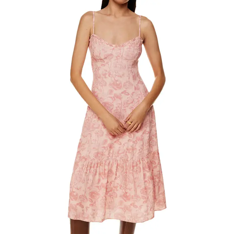 2024 popüler renk bayanlar özelleştirilmiş yuvarlak boyun tunik gevşek viskon krep bej elbise