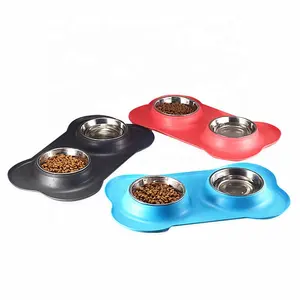 Xương Sharped Pet Mèo Bát Thép Không Gỉ Silicone Vật Nuôi Đôi Con Chó Bát Bát