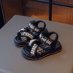 Sandales plates pour enfants à bout ouvert avec paillettes et perles, sandales pour petites filles avec perles - Product Image 3