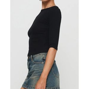 FOXA Top corto de manga 3/4 con cuello barco para mujer, tejido acanalado, corte ajustado, informal, básico, para primavera y verano - Product Image 5