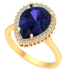 Bague en or jaune massif 18 carats avec saphir bleu taille poire diamant simple halo solitaire tenue quotidienne bague de mariage cadeau pour elle - Product Image 2