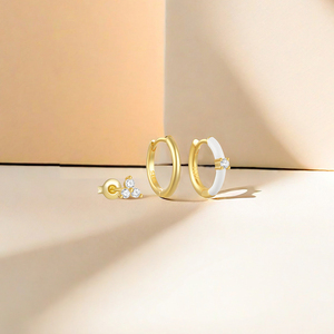 CANNER Ensemble de 3 boucles d'oreilles en argent sterling 925, triple diamant, trois zircons, trèfle, émail blanc, boucles d'oreilles créoles pour femmes - Product Image 3