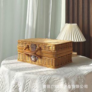 Rattan Trunk Rectangle Turmeric Color Jewelry <b>Box</b> <b>Storage</b> Organizer Cosmetic Case Souvenir Gift <b>Box</b> Picnic Bag Retro <b>Photo</b> Prop - Product Image 2