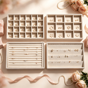 Plateau de présentation de bijoux en velours beige, plusieurs styles de grilles pour bagues, boucles d'oreilles, colliers, plateau de rangement de bijoux pour magasin de détail - Product Image 2