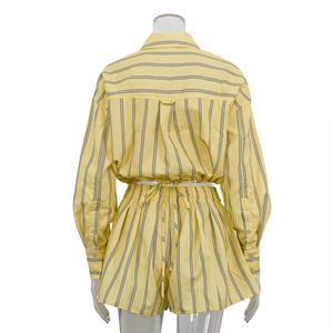 Ensemble deux pièces rayé pour femme : chemise Oxford jaune et short taille haute – Tenue décontractée printemps-été respirante avec haut à manches longues - Product Image 5