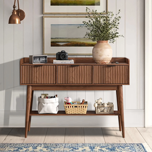 <span class=keywords><strong>Console</strong></span> moderne avec <span class=keywords><strong>3</strong></span> tiroirs, table d'entrée d'alcôve avec étagère de rangement, présentoir étroit pour couloirs Marron - Product Image 1