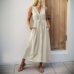 Robe longue Prettysteps 2026 à taille haute, sans manches, couleur unie, avec <span class=keywords><strong>dentelle</strong></span> et volants - Product Image 3