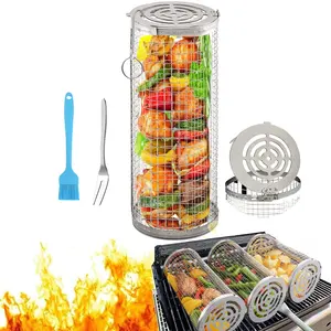 Rolling Grilling Basket Stainless Steel BBQ Grill Mesh Rolling Grilling Basket For Vegetables Fish And French Fries