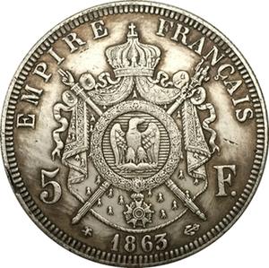 Pièce de monnaie française de 5 francs plaquée argent, reproduction de la pièce de monnaie française de l'Empereur <span class=keywords><strong>Napoléon</strong></span> III couronné, ancienne FRANCE, 1861-1867, <span class=keywords><strong>pièces</strong></span> de collection en cuivre - Product Image 4