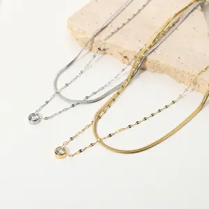 Многослойное ожерелье-цепочка со змеиным плетением, ювелирные изделия из нержавеющей стали, ожерелье с подвеской из двух страз под золото и серебро 14 к