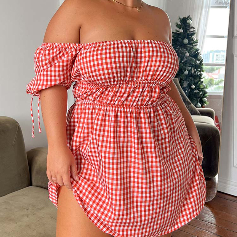 strapless open back dress Ruched Midi Dress in Red Gingham