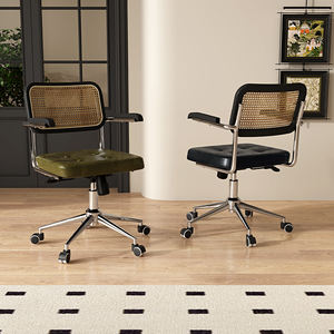 Modern <strong>Retro</strong> Swivel <strong>Desk</strong> <strong>Chair</strong> for Home Office Adjustable Height Backrest with Rattan Mesh Design Fabric Computer Writing <strong>Chair</strong> - Product Image 4