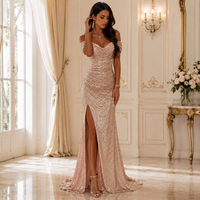 Robe de soirée élégante pour femme, sexy, col en V, à sequins, respirante, longue, fendue, en tissu naturel uni