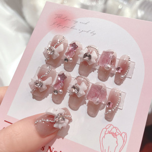 Uñas Postizas Curvas Medianas con Degradado Rosa, Lazo 3D, Estrella y Diamantes <span class=keywords><strong>de</strong></span> Imitación, Kit <span class=keywords><strong>de</strong></span> Uñas Postizas Reutilizables para Uso Diario y Fiestas - Product Image 6