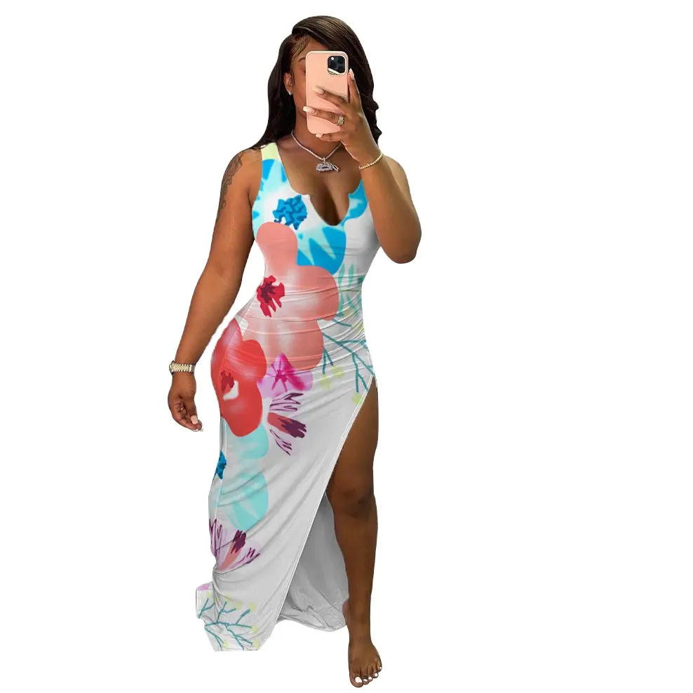 Yaz sıcak yeni ürünler çiçek baskı kolsuz Hollow Out See Through Maxi elbise Casual kadın elbiseler