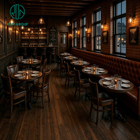 Ron Group, solution tout-en-un pour les restaurants : tabourets de bar, banquette en cuir capitonnée en forme de L, table ronde en bois et ensemble de chaises