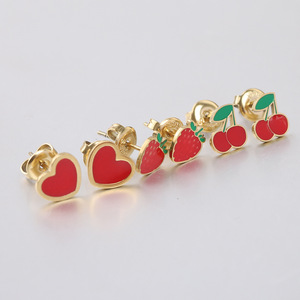 Pendientes con forma de corazón de cereza y fresa, joyería de moda para mujer de acero inoxidable - Product Image 1