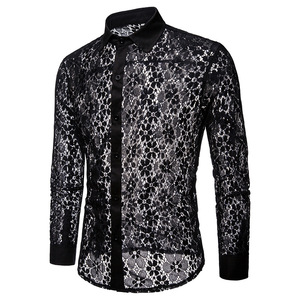 RNSHANGER Chemises d'été pour hommes Sexy à manches longues en <span class=keywords><strong>dentelle</strong></span> de couleur unie Voir à travers Clubwear <span class=keywords><strong>Chemise</strong></span> boutonnée <span class=keywords><strong>Chemise</strong></span> douce et respirante - Product Image 2