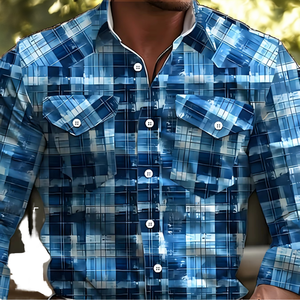 Camisa de Hombre con Cuello Mao, Tejido Vintage, Estampado Digital, Casual, Manga Larga, con Botones, para Otoño, Moda Sostenible, Estilo Athleisure - Product Image 2