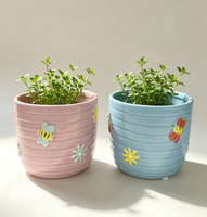 Pot de fleurs en céramique émaillée bleu rayé avec motif nid d'abeille de 4,75 pouces pour plantes d'intérieur, succulentes, herbes et fleurs, pour jardin intérieur ou extérieur