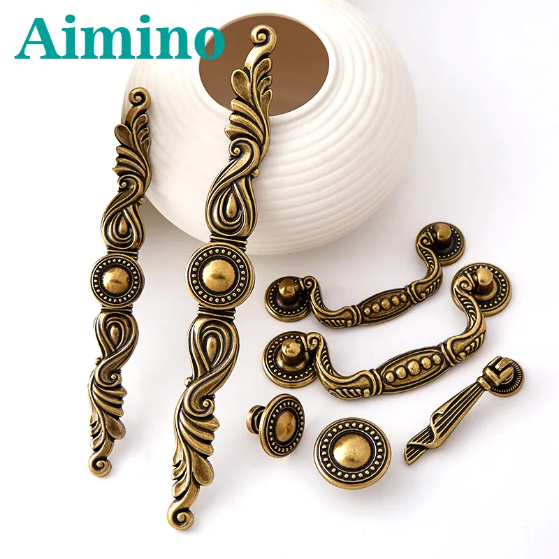 AIMINO Metal Brass Vintage Classic Vertical Retro Rustic Style Green Bronze Zinc Alloy Furniture Handles and Knobs