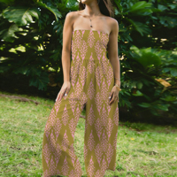 Jumpsuit Wanita Tanpa Tali Model Tube Top Kaki Lebar Grosir Custom, Motif Hawaii Bahan Sutra Susu Lembut untuk Liburan Pantai Musim Panas