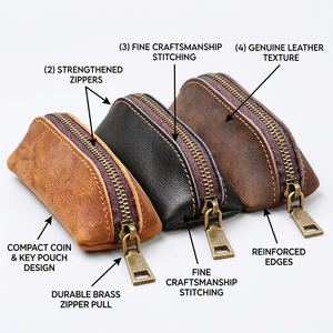 WRIZA Porte-monnaie vintage en cuir véritable avec fermeture éclair, petit portefeuille fait main pour clés et pièces de monnaie, disponible en marron, noir et beige - Product Image 4