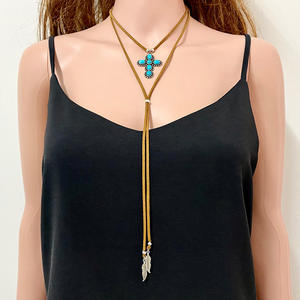 Винтажное богемное многослойное длинное ожерелье в Западном богемном стиле бирюзовый крест дизайн с кожаной веревкой и сплавом на годовщину - Product Image 2