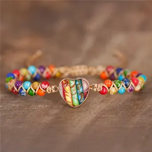 Boho Unisex de oro Gild 7 Chakra granos del encanto del corazón del trenzado pulsera gitana curación pulsera de piedra Natural joyería de las mujeres al por mayor