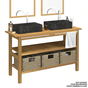 Meuble de salle de bain en teck avec vasques en marbre noir, 60 pouces, style rustique, sur pieds - Product Image 1