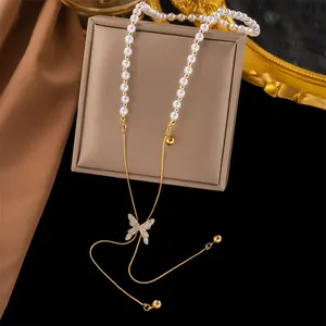 Fashion Pearl Chain Rhinestone Butterfly Necklace Adjustable stainless steel butterfly Pearl necklace for women