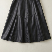 Manteau trench en peau de mouton pour femme, noir, col à revers, double boutonnage, ceinturé, évasé, mi-long, élégant, en cuir