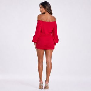 Abito da donna personalizzato, <span class=keywords><strong>abbigliamento</strong></span> su misura, rosso, con spalle scoperte, sexy, aderente, da festa, estivo, mini. - Product Image 2