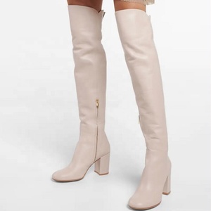 Casual Soft Leather Upper Round Toe Over Knee <b>Boots</b> Fashion Shoes Big Size 46 Zipper High Chunky Heel - Product Image 1
