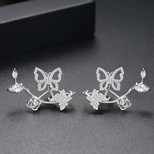 Boucles d'oreilles pendantes papillon fleur en laiton plaqué or avec zircon, style coréen créatif et tendance, haut de gamme pour femme, idéales pour les occasions festives - Product Image 6