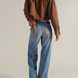 Pinstripe High Waist Straight Breathable <b>Embroidered</b> Casual Light Wash Cartoon Print <b>Jeans</b> - Product Image 2
