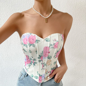 Haut corset sexy pour femme, décolleté plongeant, dos nu, à motif floral, avec baleines, style mode - Product Image 1