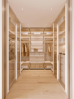 Système de dressing de luxe en U avec portes vitrées, armoire de chambre moderne en bois verrouillable, îlot à bijoux, éclairage LED, pour école