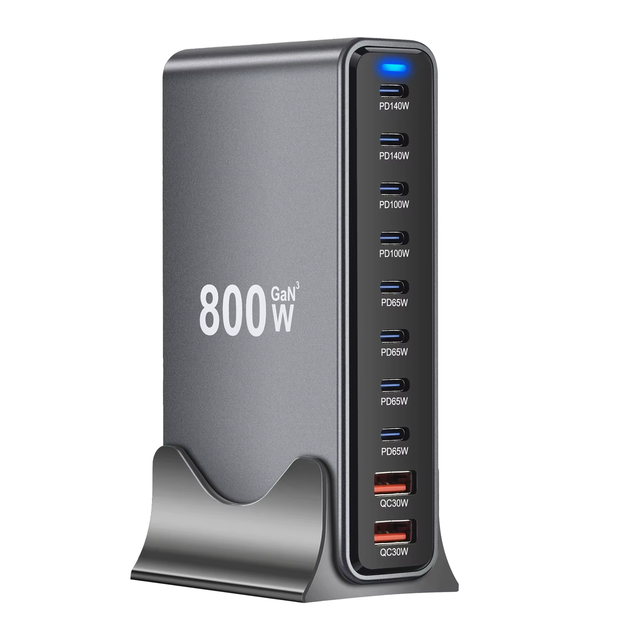 800W GaN PD Desktop Charger with 140w 100w 65w Fast Charging with 10 Ports SCP & PD 3.0 for iPhone Laptop Tablet Earphones