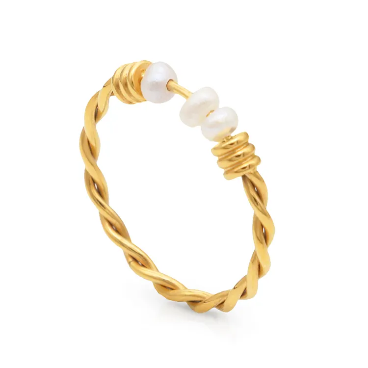 Chris April 316L stainless steel PVD gold plating freshwater pearls rope twisting ring