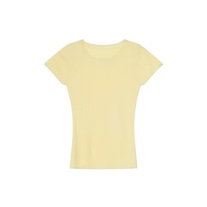 Women's Round Neck Ribbed Knit Short Sleeve T-Shirt Pink Slim Fit <b>Top</b> Summer Wear - Product Image 2