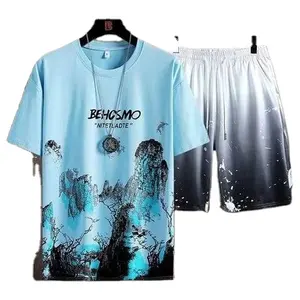 Men's Summer 2Pcs Set Print Pattern Short Sports Suit and Leisure Short Sleeve T-Shirt & Shorts Set XL-5XL Size